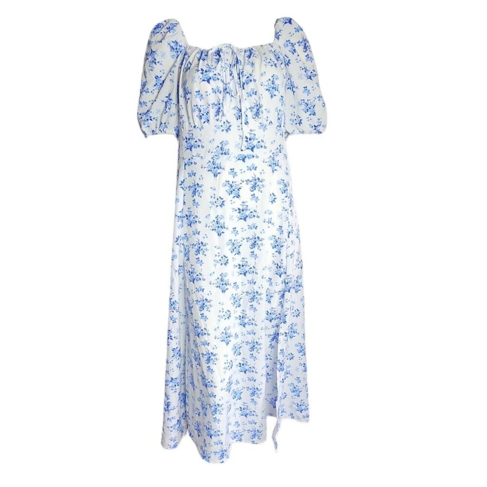 SHEIN CURVE Blue White Floral Short Sleeve Long Zip Dress Womens Plus Size 2XL
